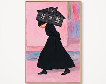May include: An oil painting depicts a person in a black dress and hat carrying a house on their head. The house is dark green with white-framed windows. The background is a blend of pink, blue, and purple hues, framed in a gold-colored wooden frame.