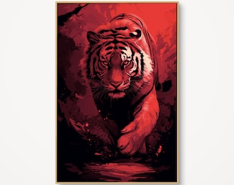 May include: A framed art print featuring a striking illustration of a tiger. The artwork uses a bold color palette of red and black, creating a dramatic and intense visual. The tiger is depicted in a forward-facing pose, conveying a sense of power and focus.