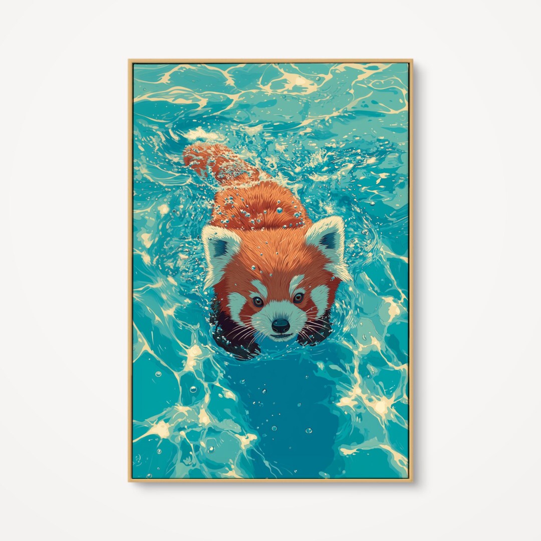 Swimming Red Panda Wall Art, Vibrant Teal Water Wildlife Illustration ...