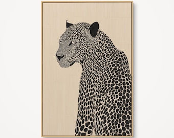 May include: A framed art print featuring a black and white illustration of a leopard. The leopard is depicted in profile, with its spotted coat and intense gaze. The background is a light beige color.