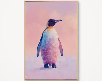 Pastel Penguin Painting Art, Colorful King Penguin Canvas, Impressionist Arctic Animal Print, Whimsical Nursery Decor, Pink and Purple Art