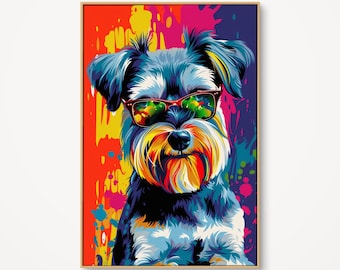 May include: A framed pop art print of a Schnauzer dog wearing red-framed sunglasses. The dog's fur is a mix of blue, white, and yellow, set against a vibrant background of red, yellow, and purple paint splatters.