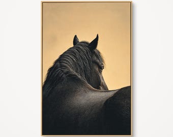 Black Horse Portrait Wall Art, Detailed Stallion Mane Canvas Print, Modern Equestrian Decor, Sophisticated Beige and Black Animal Print