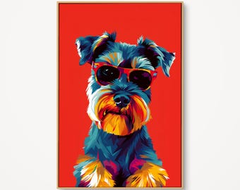 May include: A colorful pop art style portrait of a dog wearing red sunglasses against a red background. The dog's fur is a mix of blue, yellow, orange, and purple. The artwork is framed in a gold-colored frame.