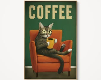 May include: A framed print featuring a cat relaxing in an orange armchair, holding a yellow mug. The cat has gray and black stripes and large yellow eyes. The word "COFFEE" is printed in large, vintage-style letters above the cat.