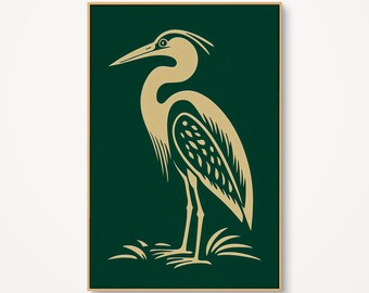 May include: A framed art print featuring a gold-colored heron illustration on a dark green background. The heron is depicted in a minimalist style, standing on a patch of grass. The artwork has a classic, elegant aesthetic.