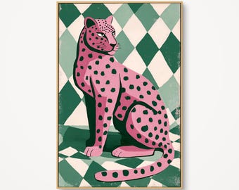 May include: A framed art print featuring a pink leopard with black spots, set against a green and white diamond pattern background. The leopard is depicted in a seated pose, with a gold frame.