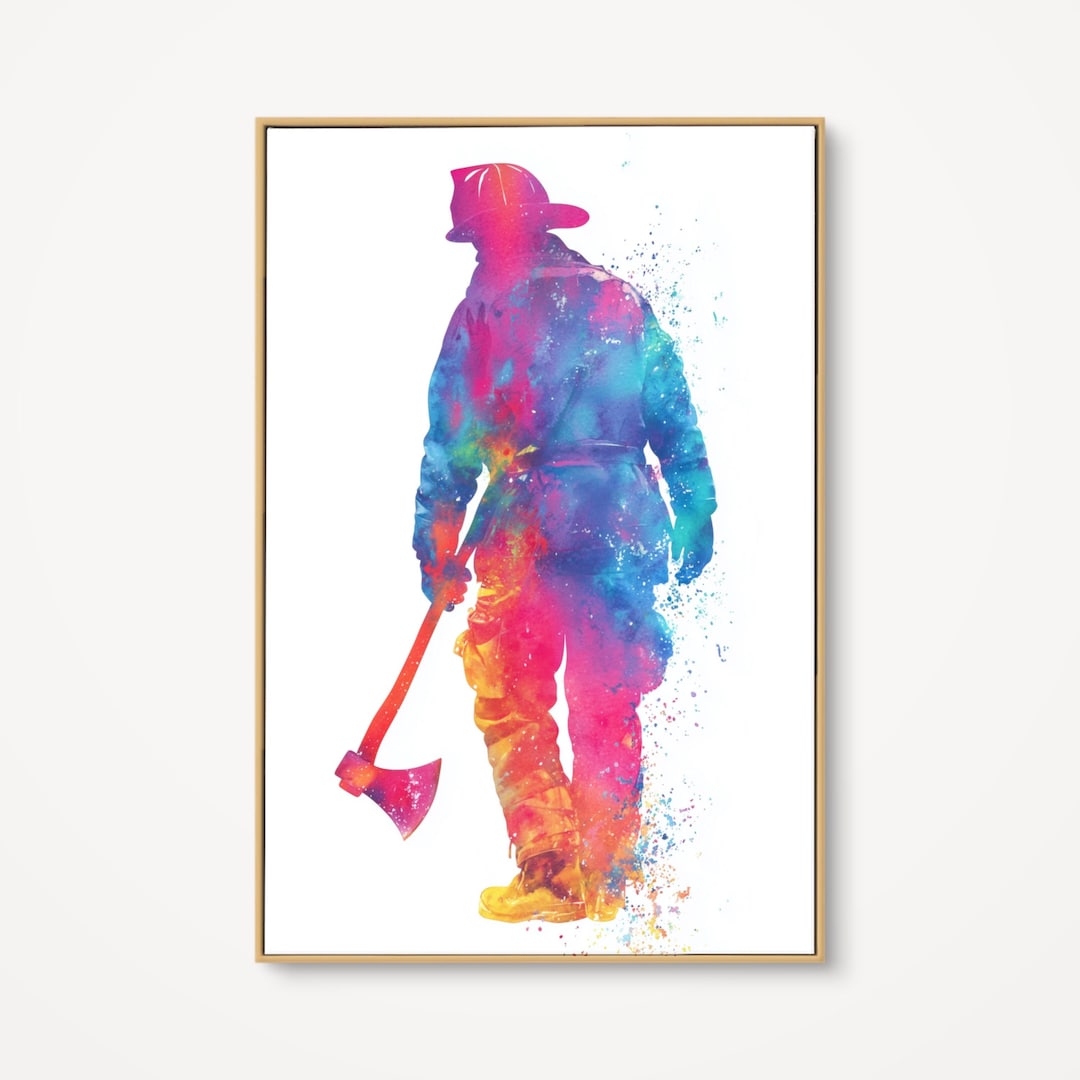 Vibrant Firefighter Watercolor Wall Art, Heroic First Responder Canvas ...