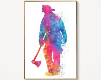 May include: Watercolor painting of a firefighter in full gear, holding an axe. The artwork features a vibrant color palette of blues, pinks, and yellows, with a splattered effect. The firefighter is depicted from the back, set against a white background.