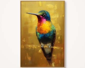 Colorful Hummingbird Wall Art, Textured Impressionist Canvas, Golden Nature Print, Vibrant Home Decor Gift