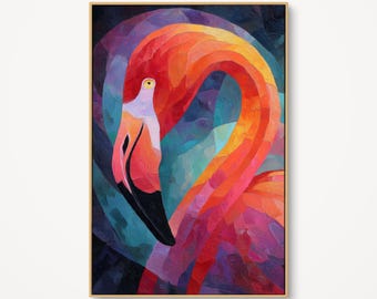 May include: A framed painting of a flamingo's head and neck, rendered in a vibrant, abstract style. The artwork features a palette of warm colors, including red, orange, and pink, contrasted against cool blues and purples. The flamingo's beak is black, and the background is dark.