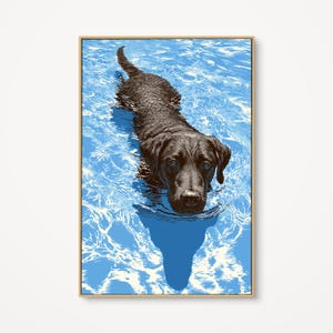 Stampa murale con Labrador nero che nuota, tela con Labrador cioccolato, stampa con casetta in piscina per amanti dei cani, regalo commemorativo per la perdita di un animale domestico