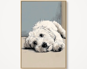 May include: A framed art print featuring a white dog lying down, with a soft, fluffy coat and dark eyes. The dog is positioned on a light beige surface, with a light blue background. The artwork has a sketched style, with a gold frame.