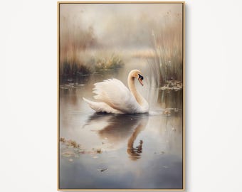 Mute Swan Wall Art, Serene Misty Lake Canvas, Elegant White Bird Nature Print, Soft Neutral Wildlife Decor, Romantic Countryside Seascape