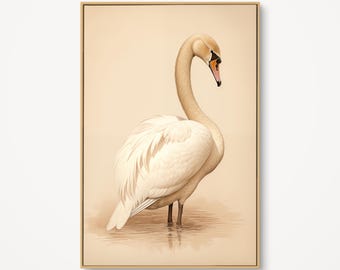 Graceful Mute Swan Wall Art, Minimalist White Bird Canvas, Elegant Animal Portrait Print, Neutral Cream Decor