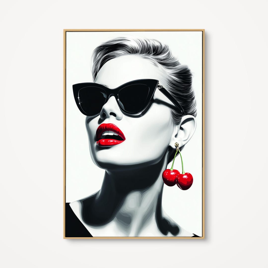 Cherry Glamour Woman Wall Art, Red Lip Fashion Portrait Canvas, Retro ...