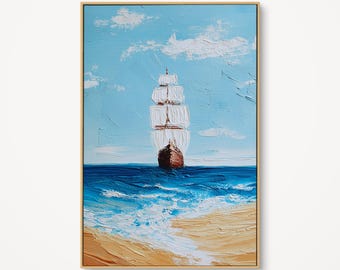 May include: Oil painting of a tall ship sailing on a blue ocean under a light blue sky with white clouds. The ship has white sails and a brown hull. The beach is a light tan color.