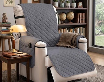 Funda impermeable gris para sillón reclinable con bolsillos antideslizantes, ideal para proteger los muebles de mascotas (ancho del asiento: 58 cm).