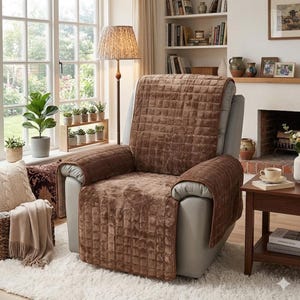 May include: A brown, quilted recliner cover set on a light grey chair. The cover has a plush texture and is designed to protect the chair. The room has a cosy, inviting atmosphere with a fireplace and a window.