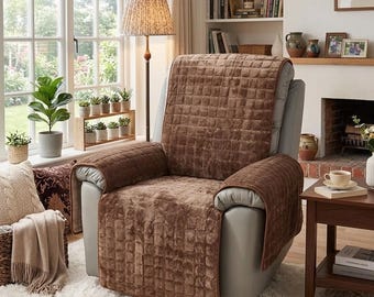 Funda para sillón reclinable geométrica color marrón chocolate, suave y afelpada, protectora de muebles.