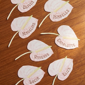 May include: Six pink anthurium flower-shaped place cards with names printed on them: Olivia, Isabelle, Madeline, Charlotte, Vivienne, Lucia, and Eliza. The place cards are on a wooden surface.