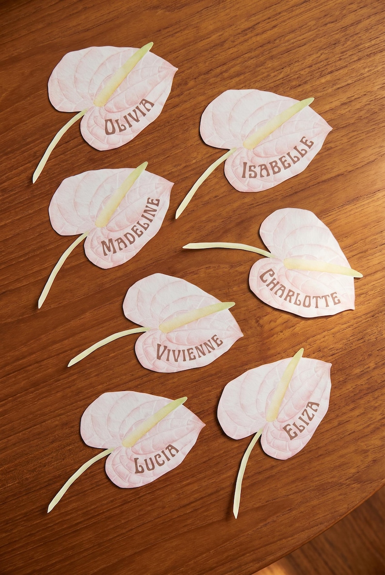 May include: Six pink anthurium flower-shaped place cards with names printed on them: Olivia, Isabelle, Madeline, Charlotte, Vivienne, Lucia, and Eliza. The place cards are on a wooden surface.