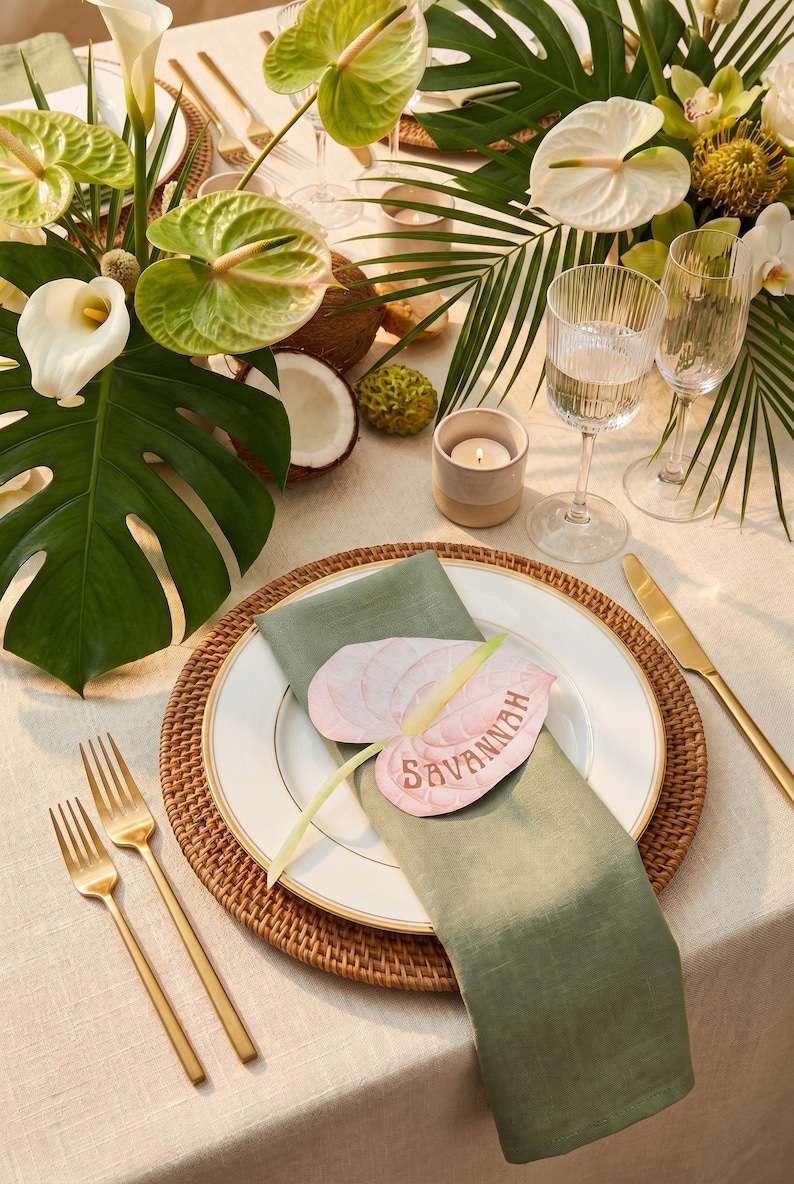 Anthurium Place Cards, Tropical Wedding Table Decor, Personalized Name Cards image 1