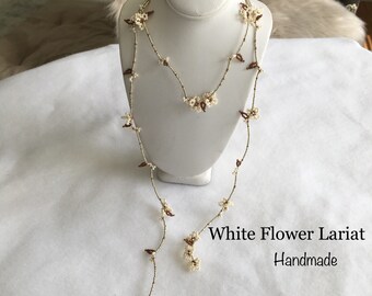 White Flower Beaded Lariat