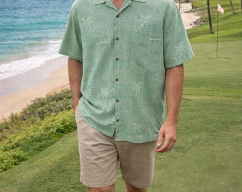 Camisa hawaiana de seda estilo Tommy Bahama verde tropical de manga corta para hombre