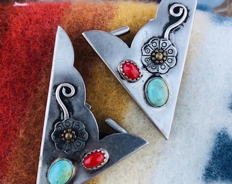 Puntas de collar vintage de plata de ley con turquesa y coral rojo de la Bella Durmiente, años 60