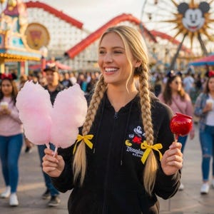 Pu&ograve; includere: Una persona sorridente con trecce bionde tiene in mano zucchero filato rosa e una mela caramellata rossa. Indossa una felpa nera con zip con un disegno di Topolino e la scritta "Disneyland Resort".