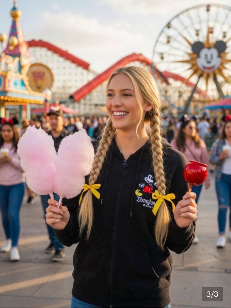 Pu&ograve; includere: Una persona sorridente con trecce bionde tiene in mano zucchero filato rosa e una mela caramellata rossa. Indossa una felpa nera con zip con un disegno di Topolino e la scritta "Disneyland Resort".