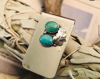 Vintage 1960s Turquoise & Sterling Silver Money Clip