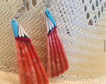 Vintage 1960s Spiney Oyster Shell, Mother of Pearl & Turquoise Earrings Navajo