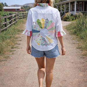 Patchwork Women Button Shirt, Patchwork Ruffle Collar, Quilt Block, Flower, Vintage Inspired