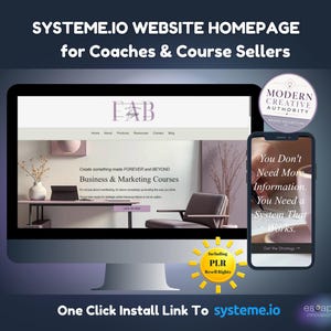 May include: A digital display of a Systeme.io website homepage for coaches and course sellers on a computer monitor and smartphone. The screen shows business and marketing course content, a Modern Creative Authority badge, and a yellow sunburst icon stating Including PLR Resell Rights.
