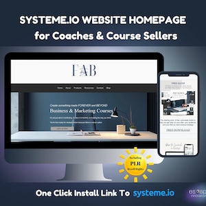 Puede incluir: Un monitor de computadora y un teléfono inteligente muestran la página de inicio de un sitio web de Systeme.io para coaches y vendedores de cursos. La pantalla muestra un escritorio con una lámpara y el texto Create something made FOREVER and BEYOND Business & Marketing Courses.