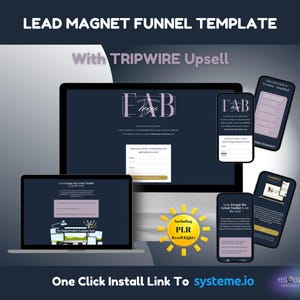 May include: A digital lead magnet funnel template displayed on a laptop and mobile screens. The text reads LEAD MAGNET FUNNEL TEMPLATE, With TRIPWIRE Upsell, FAB, Your First Step to Freedom, Your Escape The Grind Toolkit, and Including PLR Resell Rights.