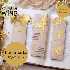 Può includere: Tre segnalibri beige con disegni di draghi dorati e testo. Uno ha una silhouette di drago, un altro la citazione, "A DRAGON WITHOUT ITS RIDER IS A TRAGEDY," e il terzo un drago e stelle. È presente anche il testo "Bookmarks SVG file".