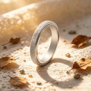 May include: A silver ring with a textured outer band and a smooth inner band. The ring is set against a backdrop of a white lace cloth, with scattered leaves and small stones.