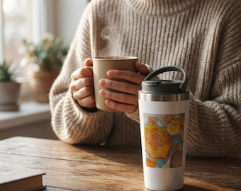Vaso térmico de acero inoxidable con diseño floral / Taza de viaje aislada a prueba de fugas de 444 ml (15 oz) para bebidas frías y calientes