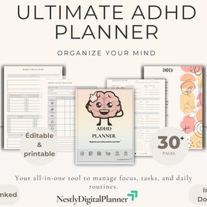 Puede incluir: Un planificador definitivo para el TDAH con el texto "ULTIMATE ADHD PLANNER" y "ORGANIZE YOUR MIND". El planificador incluye un gráfico de cerebro y el texto "ADHD PLANNER". Es editable, imprimible, con hipervínculos y tiene más de 30 páginas. Descarga instantánea.