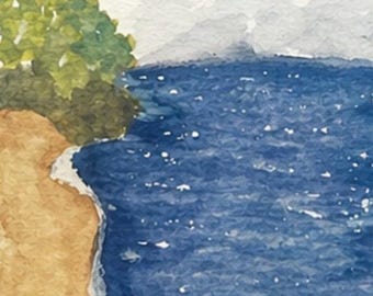 Dipinto originale ACEO raffigurante una spiaggia soleggiata sul lago – Mini paesaggio costiero, scena di spiaggia, piccolo dipinto naturalistico, opera d'arte realizzata a mano