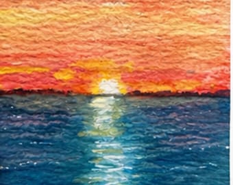 Acuarela original ACEO de puesta de sol sobre el océano – Mini pintura de paisaje marino, arte de puesta de sol colorida, regalo para amantes de la playa, pequeña obra de arte costera