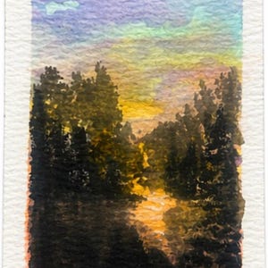 May include: Watercolor painting of a forest scene at sunset. The artwork features dark green trees in the foreground, with a vibrant yellow and orange sky peeking through the trees. The sky transitions to purple and blue at the top.