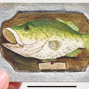 May include: A small rectangular watercolor painting featuring a green and white fish mounted on a brown wooden plaque. The fish is depicted in profile with its mouth open, set against a textured gray background with a small red dot detail.