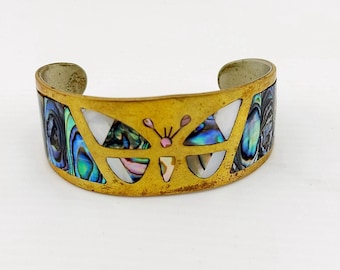 Vintage vlindermanchetarmband abalone schelp wit parelmoer