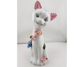 Vintage Japans keramisch kattenbeeldje met porseleinen bloemen MCM, kitsch jaren 60