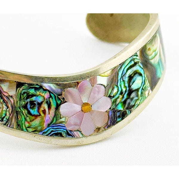 Vintage Mexican alpaca cuff bracelet 1970's. Abalone shell inlay 6"