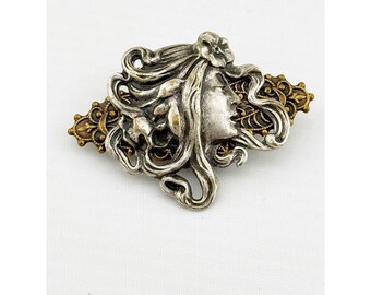 Art Nouveau vintage 1950's figural maiden brooch. Silvertone & bronze color